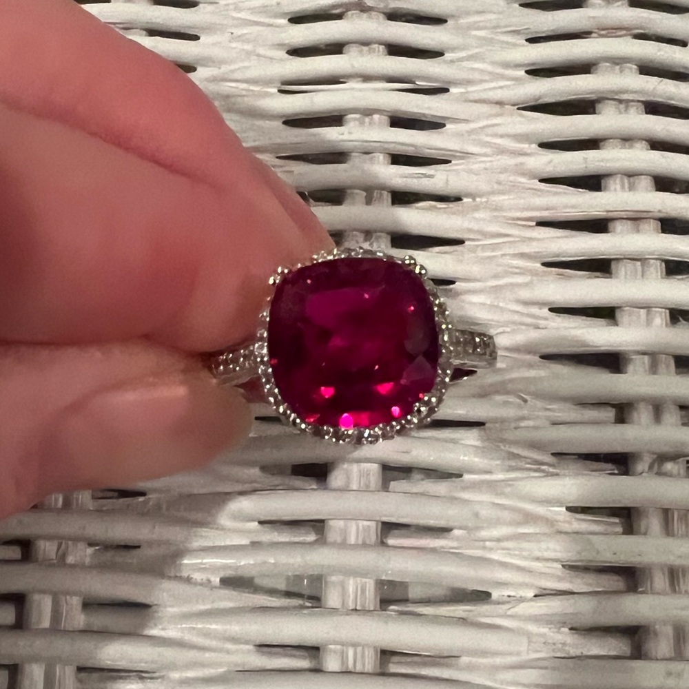 Cushion Cut Stirling Silver CZ Ruby Cocktail Ring with Halo